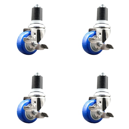 Service Caster 3.5 Inch 316SS Blue Poly Swivel 1-3/4 Inch Expanding Stem Caster Set Brake SCC SS316EX20S3514-PPUB-BLUE-TLB-134-4